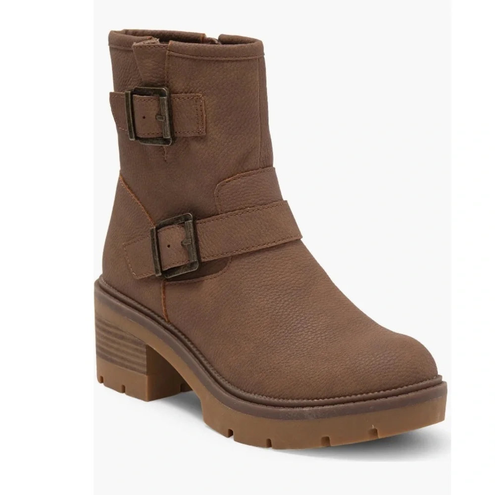 B.O.C Monika Platform Moto Brown Buckle Chunky Heel Lug Sole Booties Sz 9